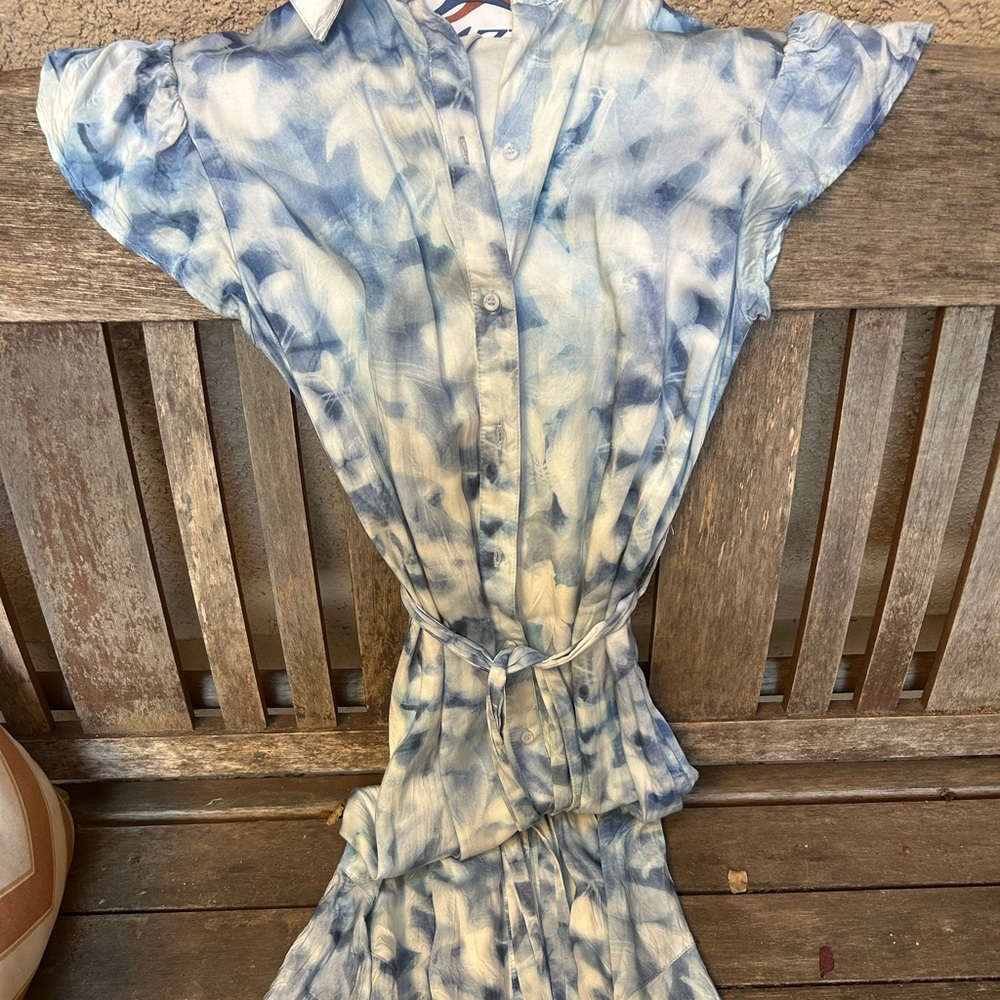 Bella Dahl Cloud Camp Blue and White Ruffle Hem Dress Size S